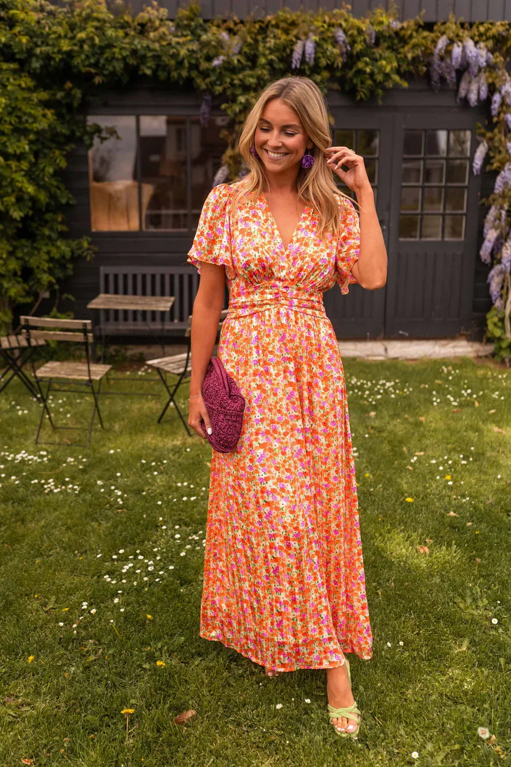 Solveig | Women's Floral Maxi Dress | Short Flutter Sleeves, V-Neck