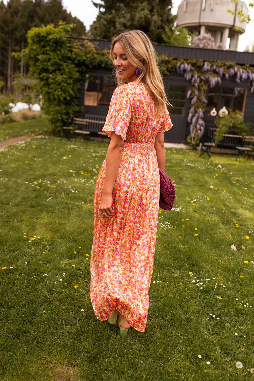 Solveig | Women's Floral Maxi Dress | Short Flutter Sleeves, V-Neck