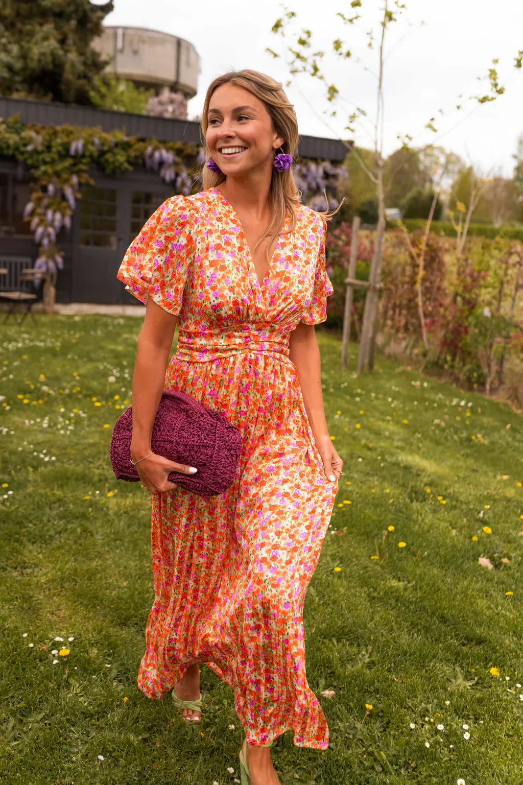 Solveig | Women's Floral Maxi Dress | Short Flutter Sleeves, V-Neck