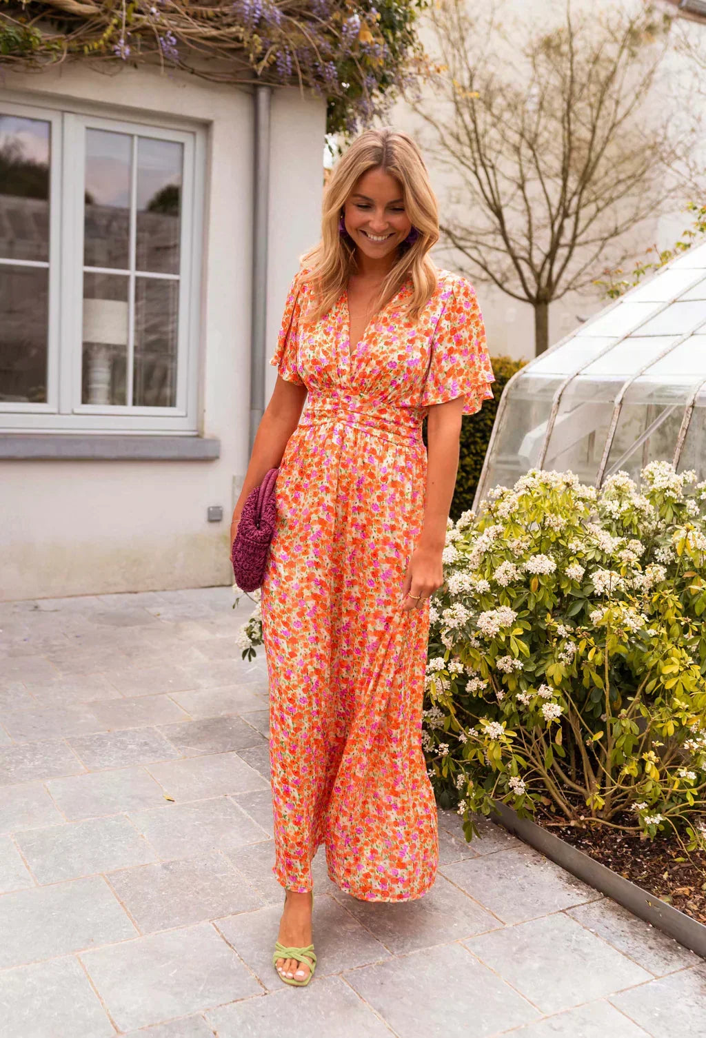 Solveig | Women's Floral Maxi Dress | Short Flutter Sleeves, V-Neck