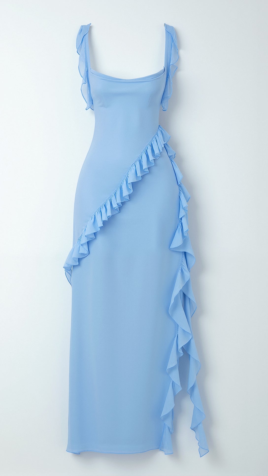 Maxi Dress Women Ruffled Neckline Front Slit Fitted | Maren