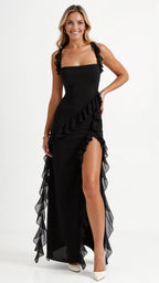 Maxi Dress Women Ruffled Neckline Front Slit Fitted | Maren