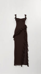 Maxi Dress Women Ruffled Neckline Front Slit Fitted | Maren