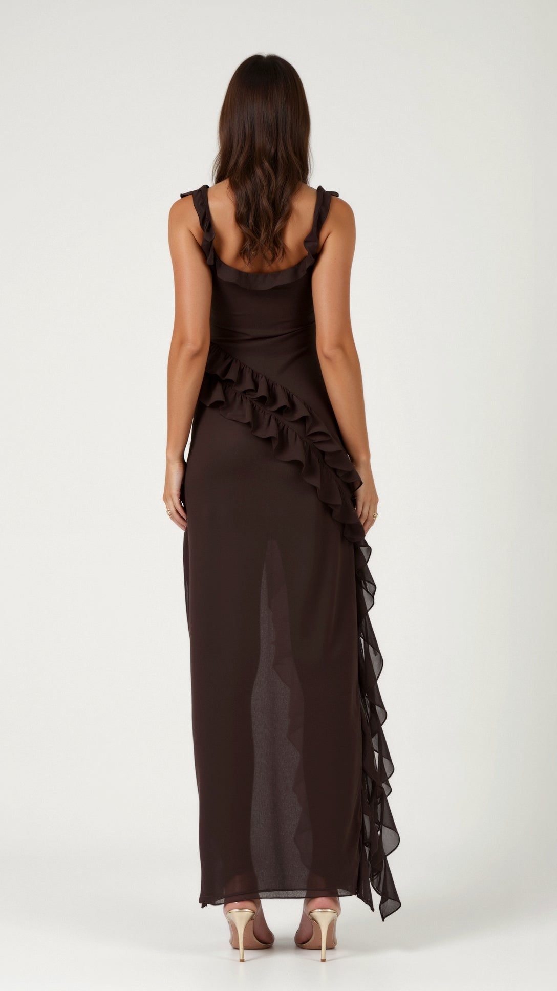 Maxi Dress Women Ruffled Neckline Front Slit Fitted | Maren
