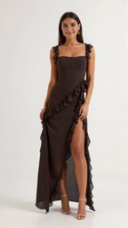 Maxi Dress Women Ruffled Neckline Front Slit Fitted | Maren