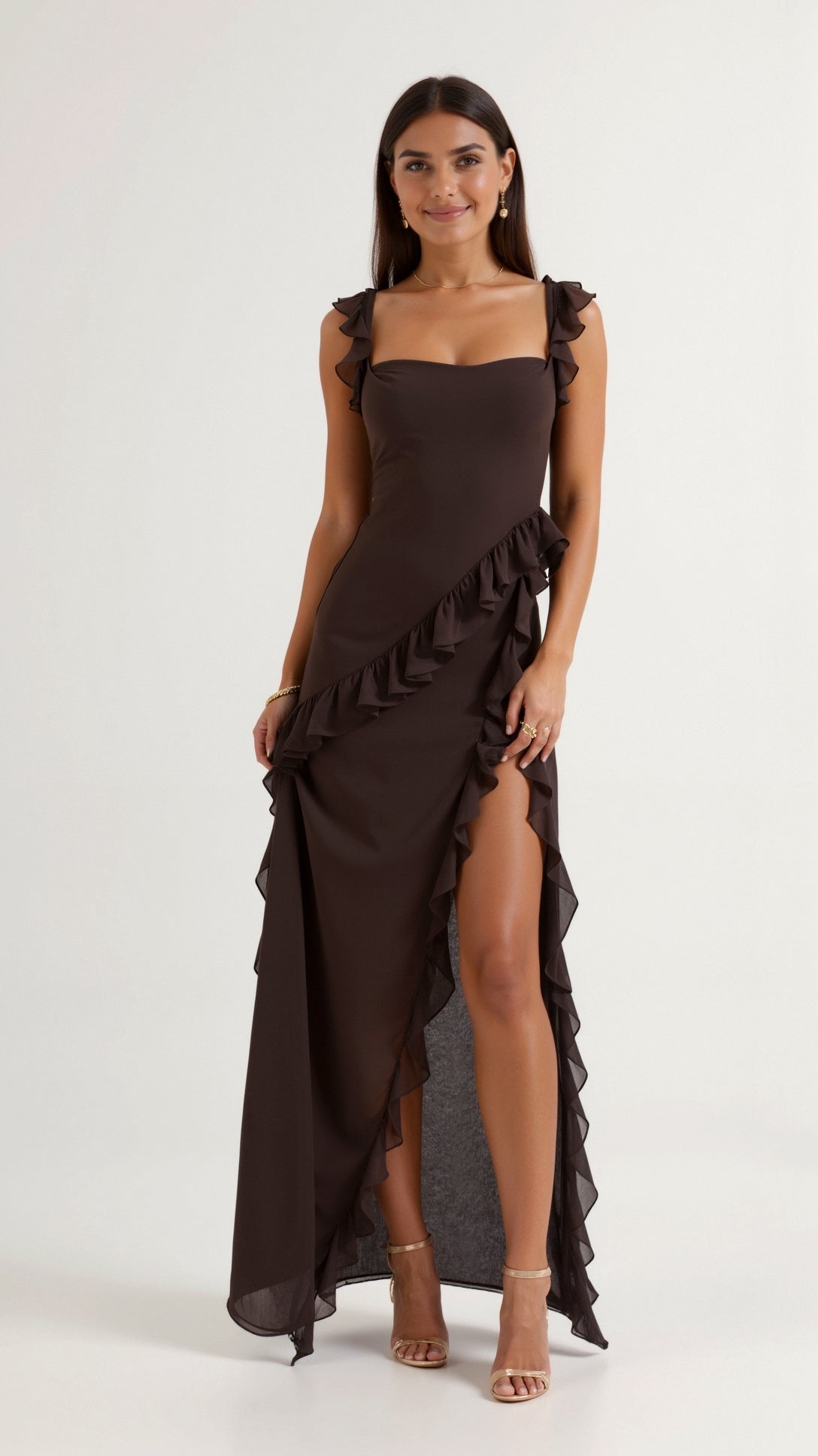 Maxi Dress Women Ruffled Neckline Front Slit Fitted | Maren