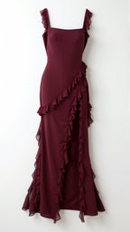 Maxi Dress Women Ruffled Neckline Front Slit Fitted | Maren