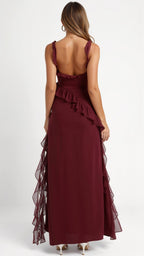 Maxi Dress Women Ruffled Neckline Front Slit Fitted | Maren