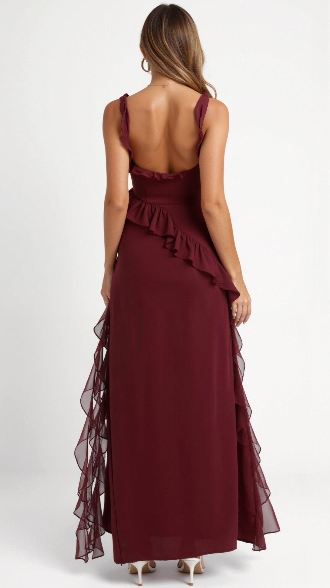 Maxi Dress Women Ruffled Neckline Front Slit Fitted | Maren