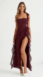 Maxi Dress Women Ruffled Neckline Front Slit Fitted | Maren