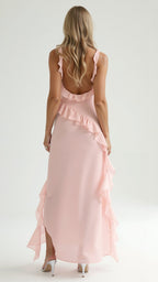 Maxi Dress Women Ruffled Neckline Front Slit Fitted | Maren