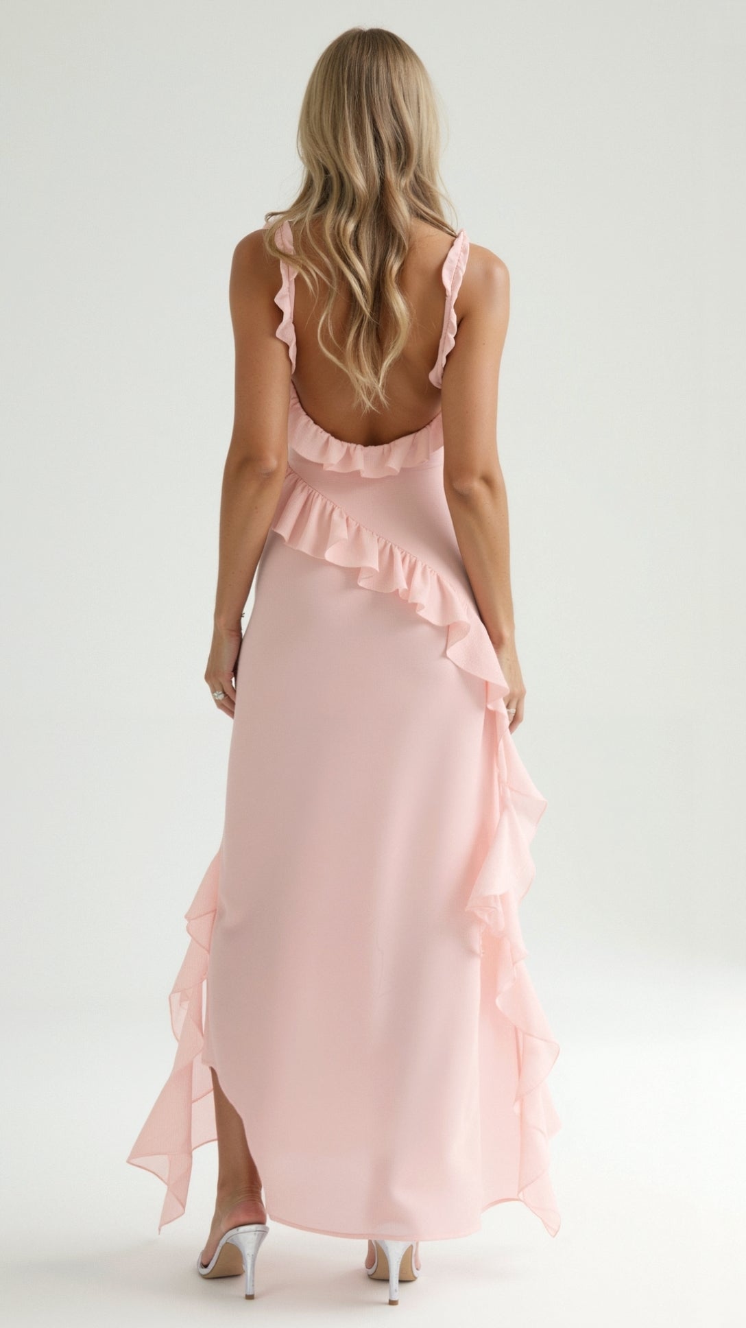 Maxi Dress Women Ruffled Neckline Front Slit Fitted | Maren