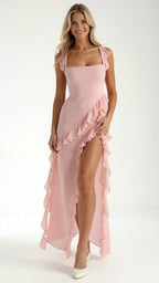 Maxi Dress Women Ruffled Neckline Front Slit Fitted | Maren