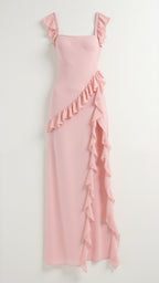 Maxi Dress Women Ruffled Neckline Front Slit Fitted | Maren