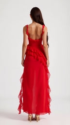 Maxi Dress Women Ruffled Neckline Front Slit Fitted | Maren
