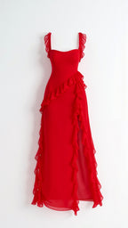 Maxi Dress Women Ruffled Neckline Front Slit Fitted | Maren