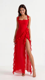 Maxi Dress Women Ruffled Neckline Front Slit Fitted | Maren