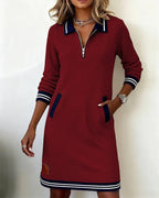Women Floral Dress Zip Collar Long Sleeve Midi with Pockets | Della