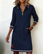 Women Floral Dress Zip Collar Long Sleeve Midi with Pockets | Della