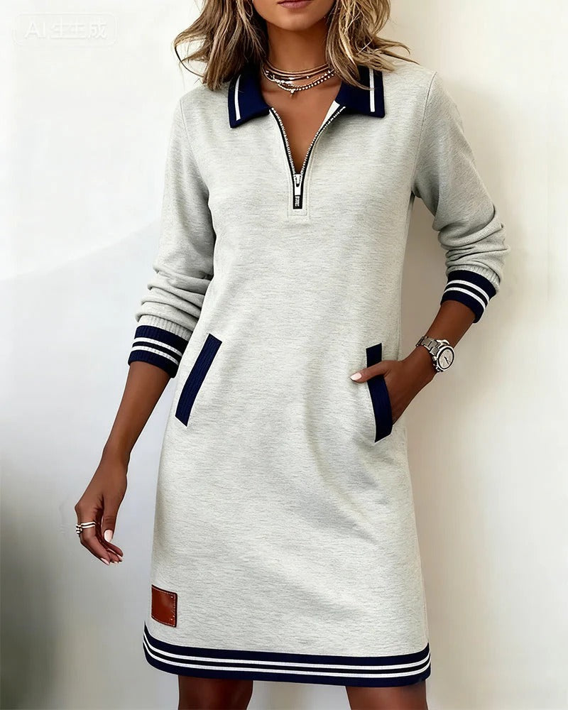 Women Floral Dress Zip Collar Long Sleeve Midi with Pockets | Della