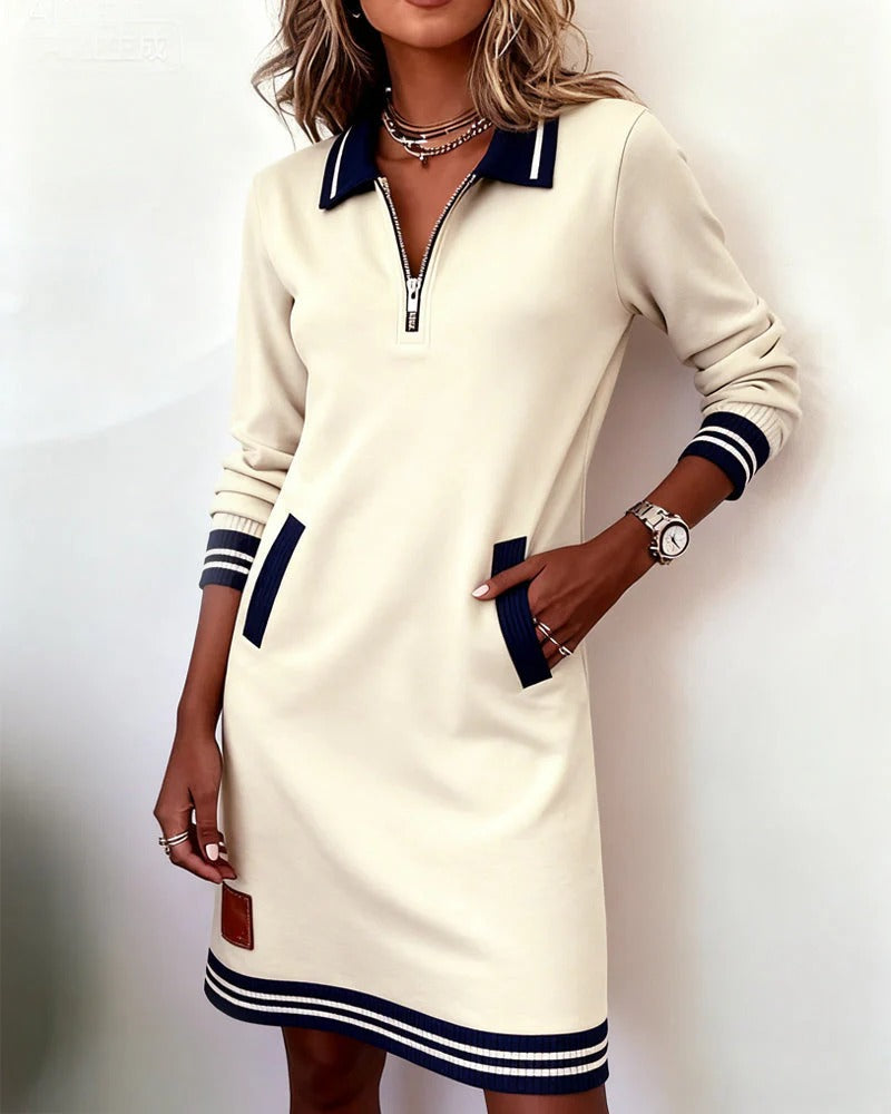 Women Floral Dress Zip Collar Long Sleeve Midi with Pockets | Della