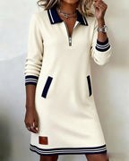 Women Floral Dress Zip Collar Long Sleeve Midi with Pockets | Della