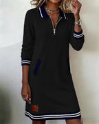Women Floral Dress Zip Collar Long Sleeve Midi with Pockets | Della