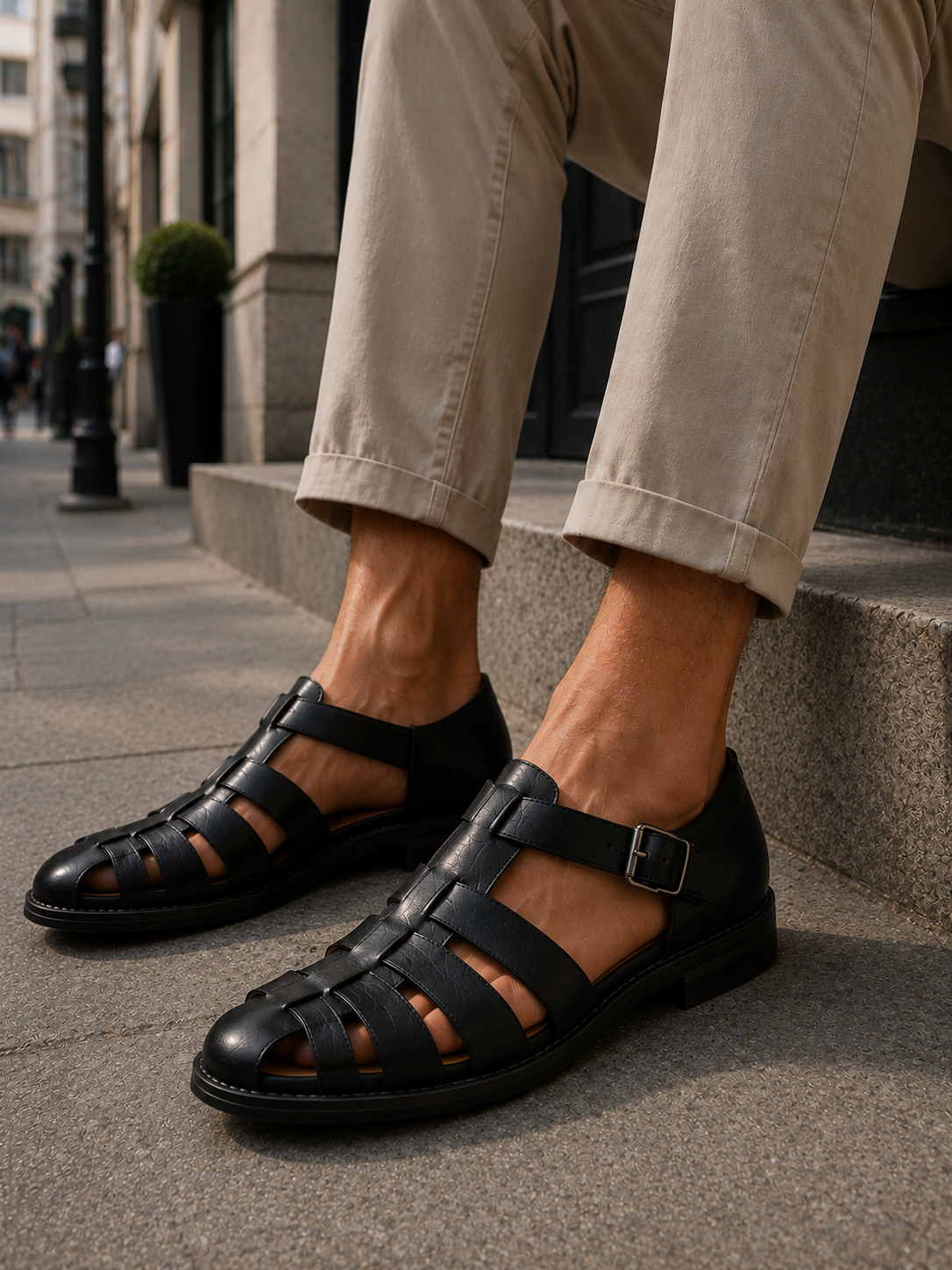 Mens Sandals Closed Toe Fisherman Woven Leather Buckle Strap