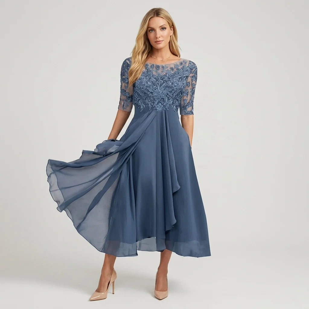 Cocktail Dress Women Midi Length Layered Tulle Lace Sheer Sleeve