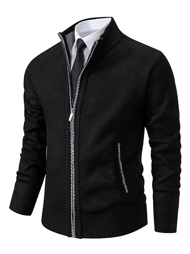 Men Ribbed Knit Full Zip Cardigan Stand Collar