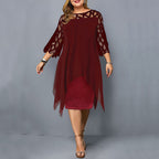 Midi Dress Plus Size Women Lace Sleeve Round Neck Knee Length