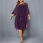Midi Dress Plus Size Women Lace Sleeve Round Neck Knee Length