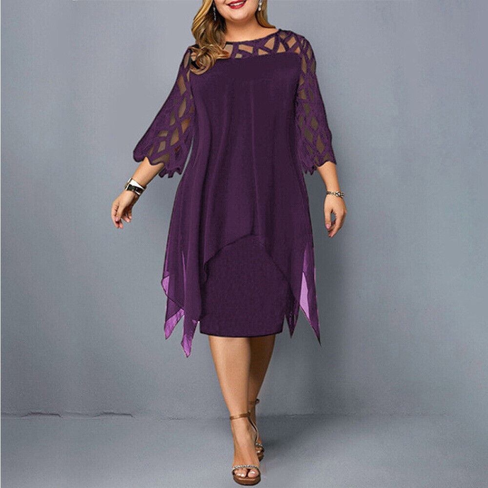 Midi Dress Plus Size Women Lace Sleeve Round Neck Knee Length