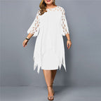 Midi Dress Plus Size Women Lace Sleeve Round Neck Knee Length