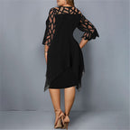 Midi Dress Plus Size Women Lace Sleeve Round Neck Knee Length
