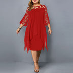 Midi Dress Plus Size Women Lace Sleeve Round Neck Knee Length