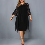 Midi Dress Plus Size Women Lace Sleeve Round Neck Knee Length