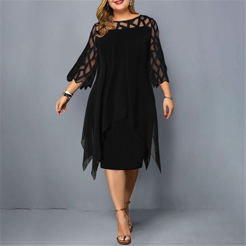 Midi Dress Plus Size Women Lace Sleeve Round Neck Knee Length