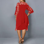Midi Dress Plus Size Women Lace Sleeve Round Neck Knee Length