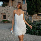 Sequin Dress Women Spaghetti Strap Mini Feather Hem Cocktail