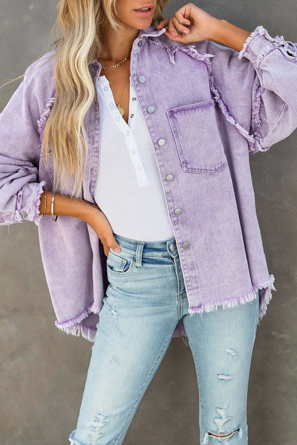 Women Denim Jacket Oversized Fringe Detail