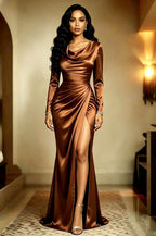Satin Dress Women Draped Cowl Neck High Slit Floor Length Maxi
