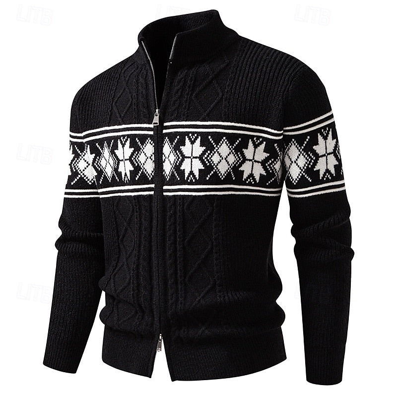 Christmas Jumper Men | Fair Isle Zip-Up Stand Collar Cardigan | Winter