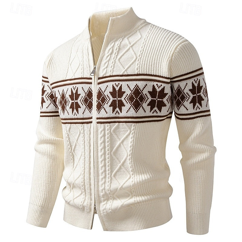Christmas Jumper Men | Fair Isle Zip-Up Stand Collar Cardigan | Winter