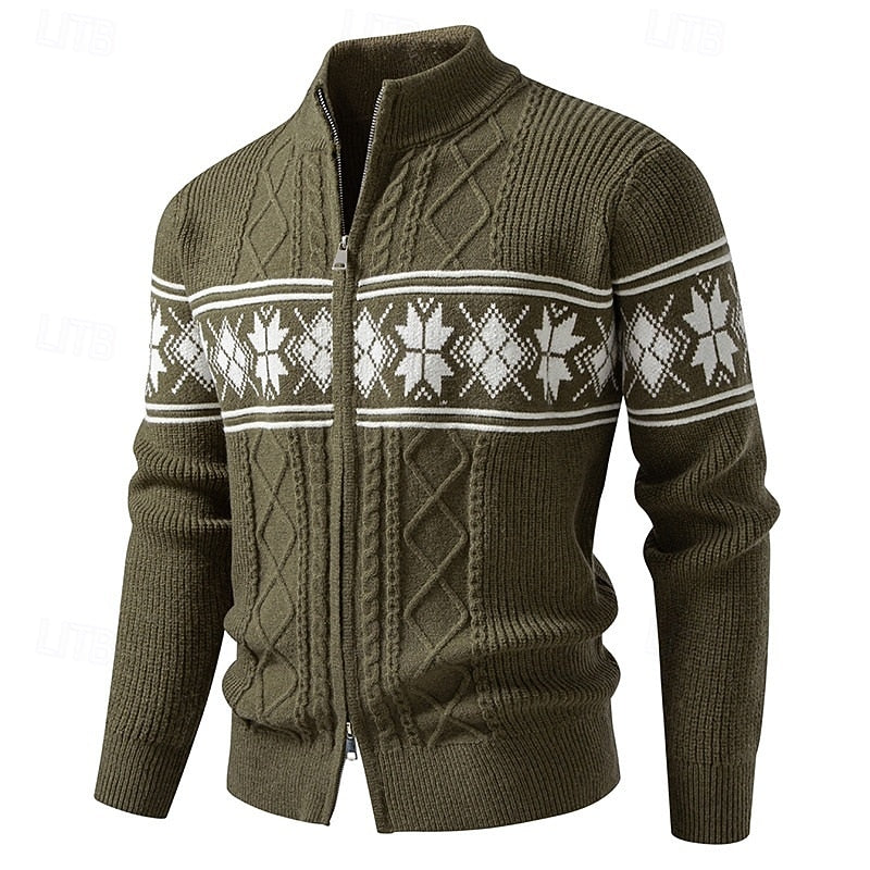 Christmas Jumper Men | Fair Isle Zip-Up Stand Collar Cardigan | Winter