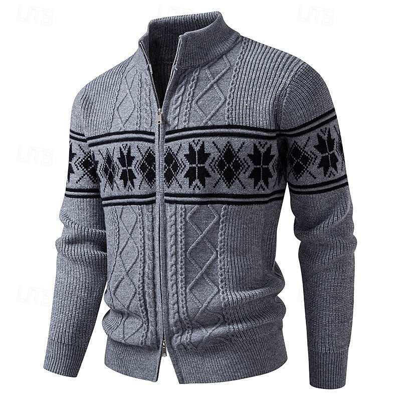 Christmas Jumper Men | Fair Isle Zip-Up Stand Collar Cardigan | Winter