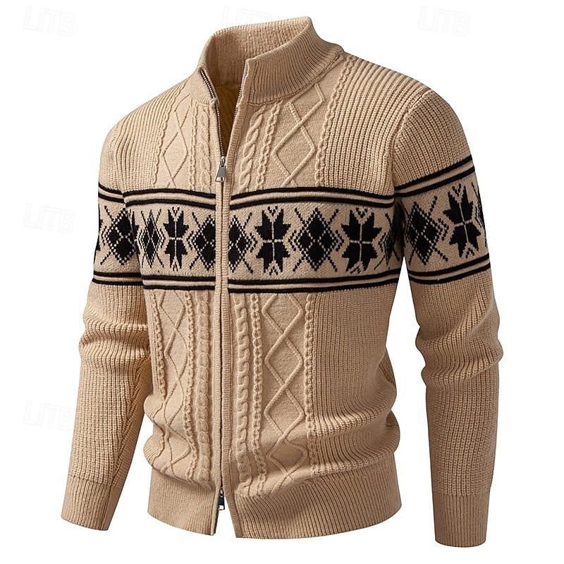Christmas Jumper Men | Fair Isle Zip-Up Stand Collar Cardigan | Winter