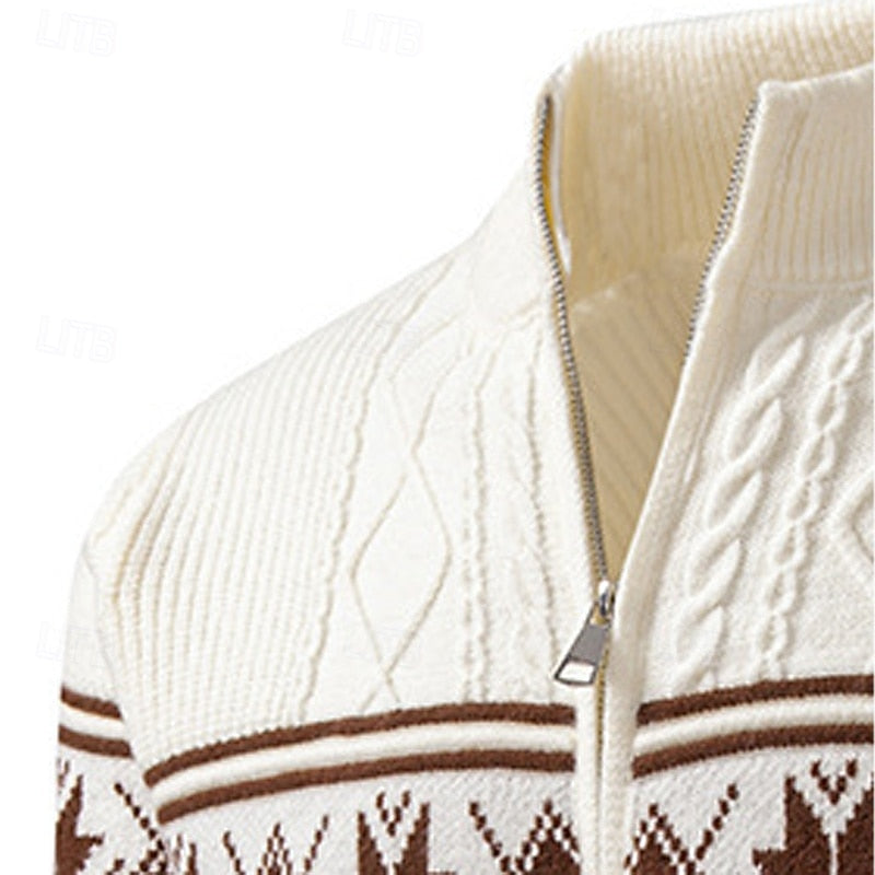 Christmas Jumper Men | Fair Isle Zip-Up Stand Collar Cardigan | Winter