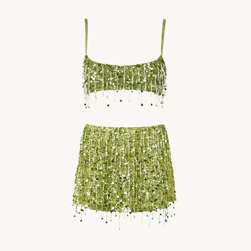 Bikini Sets Women Sequin Tassel Two Piece Top and Skirt | Kestrel