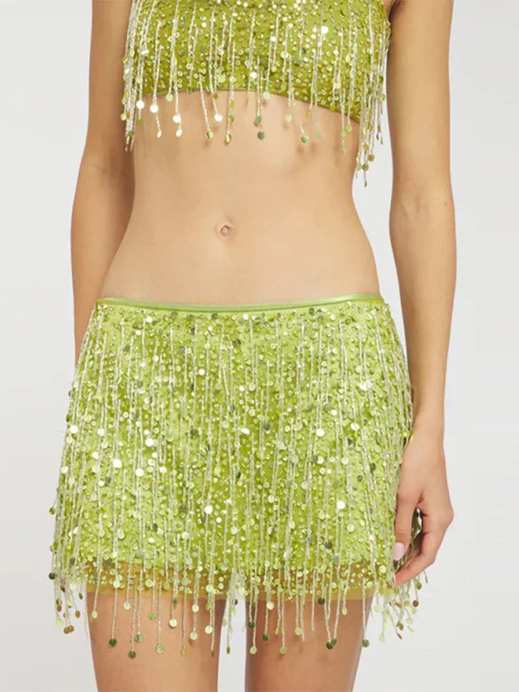 Bikini Sets Women Sequin Tassel Two Piece Top and Skirt | Kestrel